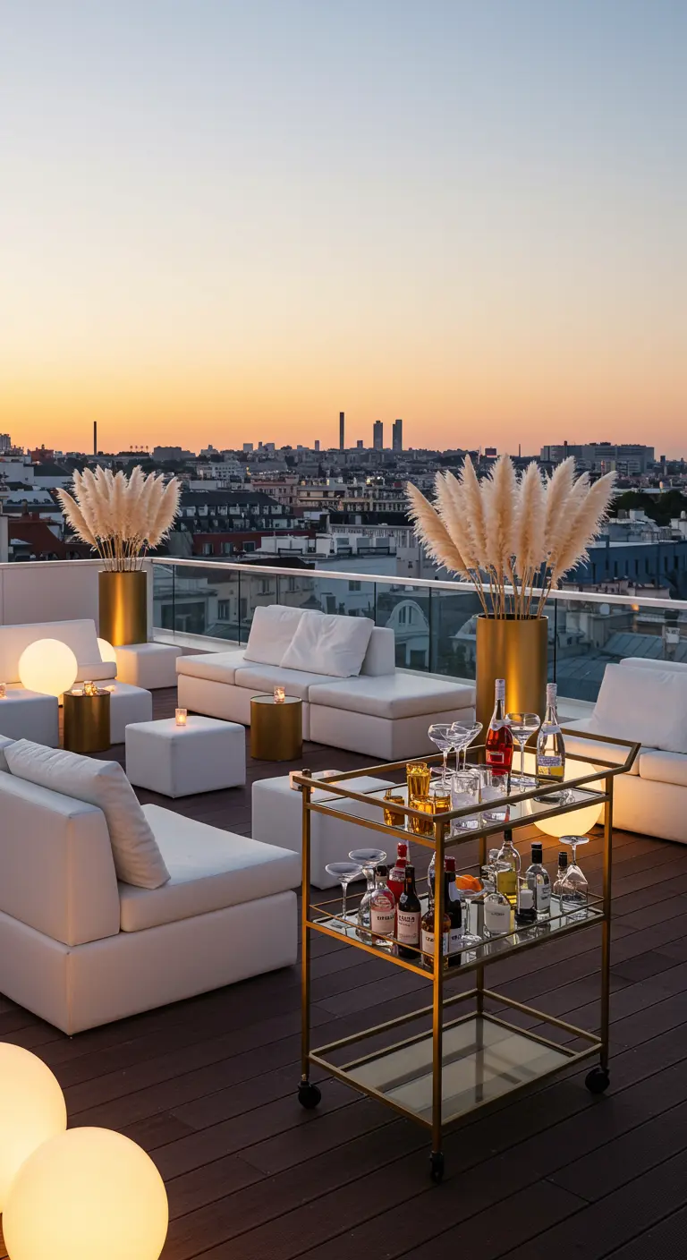 A rooftop lounge with white sofas, a gold bar cart, pampas grass in gold vases, and glowing orbs.