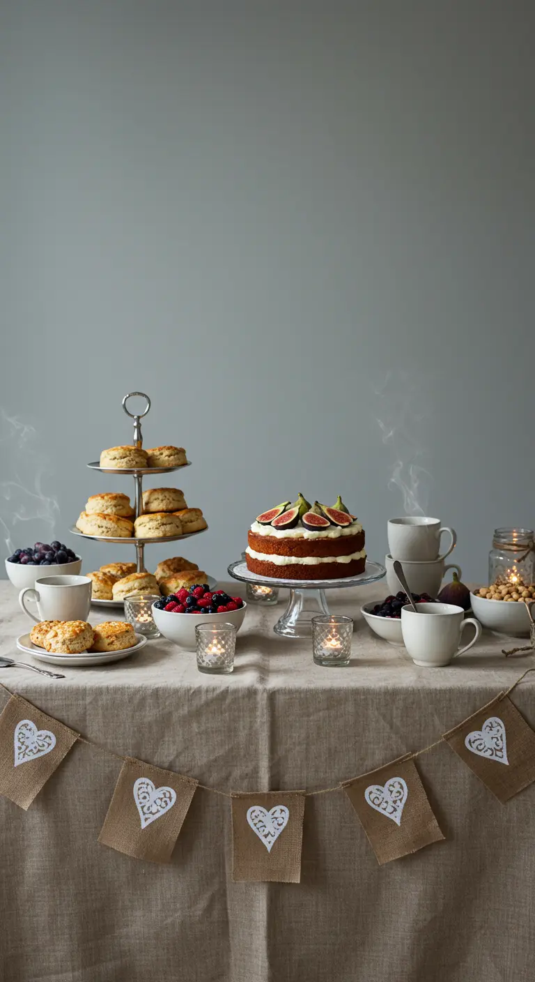 A dessert table with a tiered stand of scones, a fig-topped cake, and a burlap heart banner.