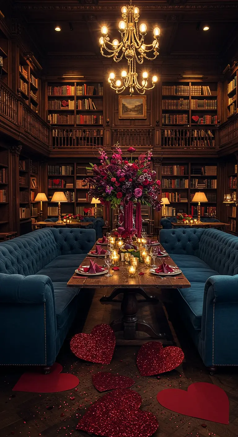 A romantic dinner setup in a grand library with teal velvet seating and glitter hearts scattered on the floor.