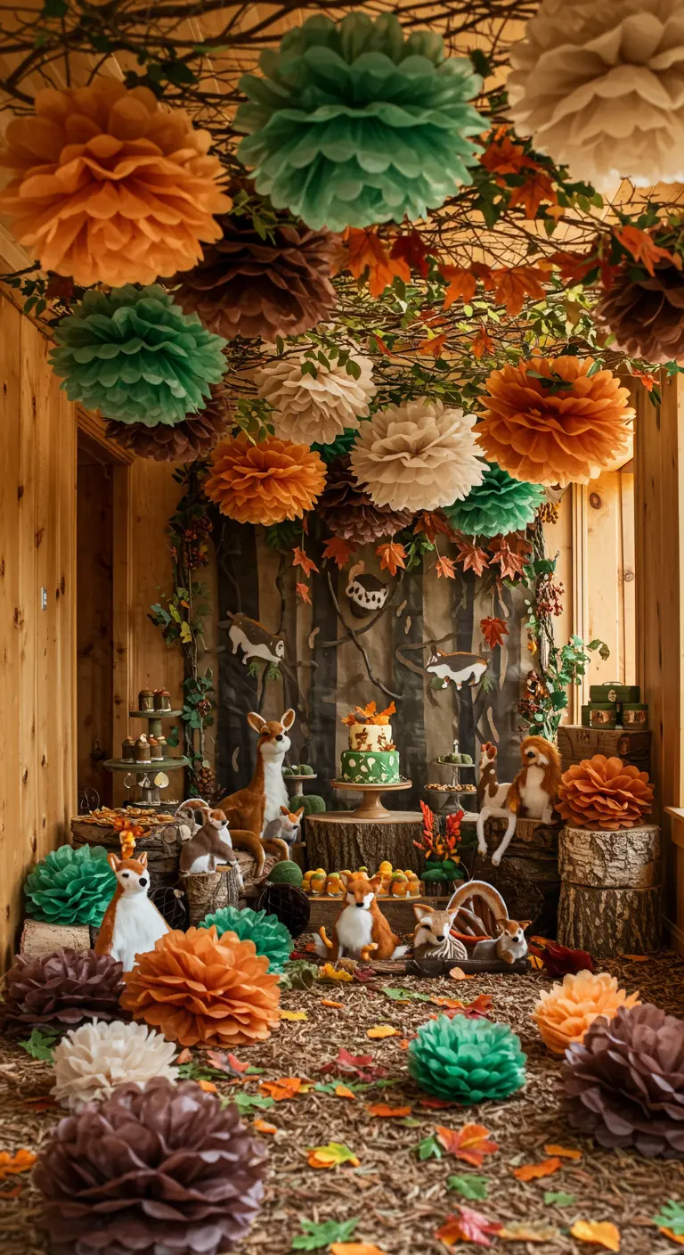 A woodland-themed dessert table with brown, orange, and green pom-poms overhead.