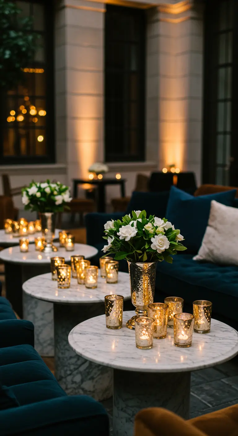 Marble coffee tables in a lounge area decorated with mercury glass votives.