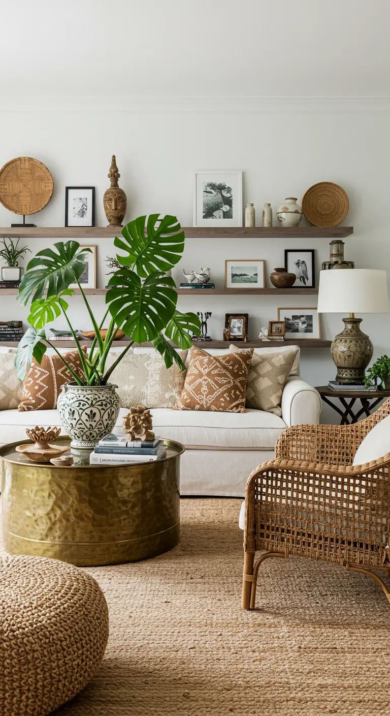 A living room with a large monstera on open shelves styled with pottery and framed art.
