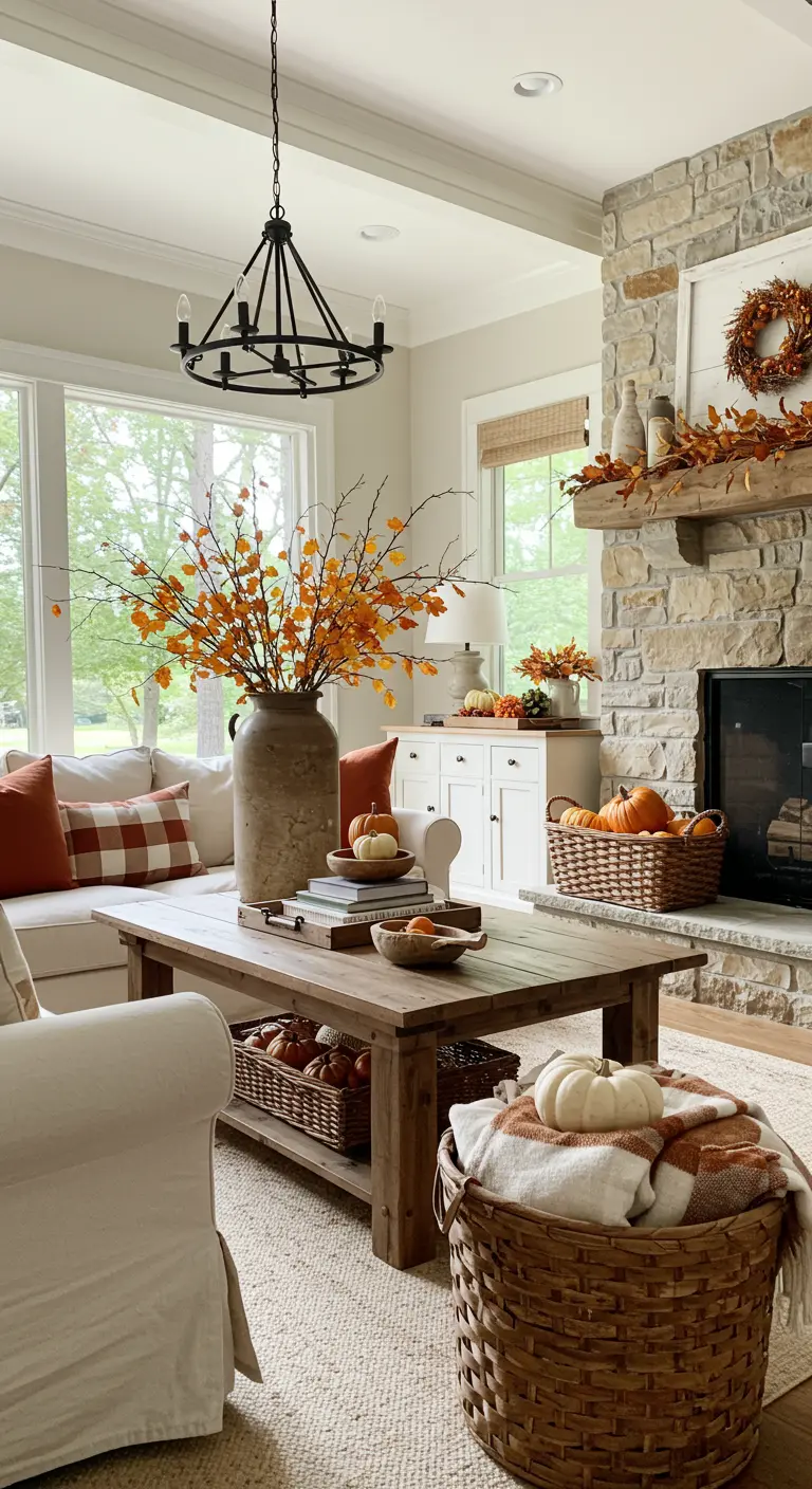 Fall-themed farmhouse living room with a stone fireplace, orange foliage, and pumpkins.