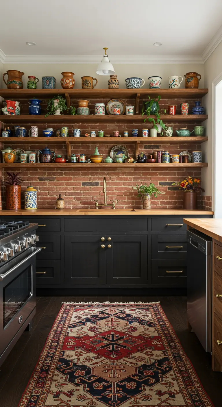 Kitchen with black cabinets and a red brick wall featuring open wood shelves with colorful pottery.