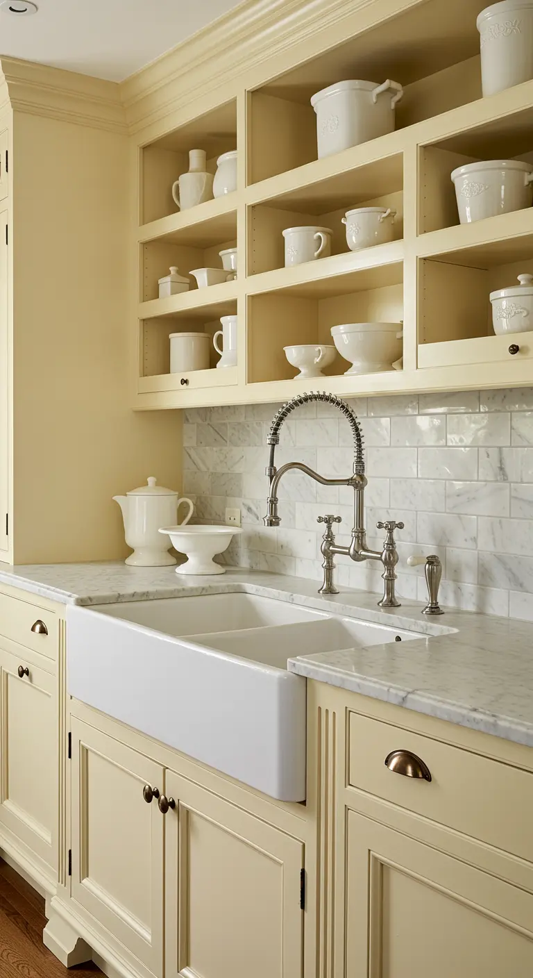 Creamy yellow kitchen with open shelving displaying white ceramic dinnerware.
