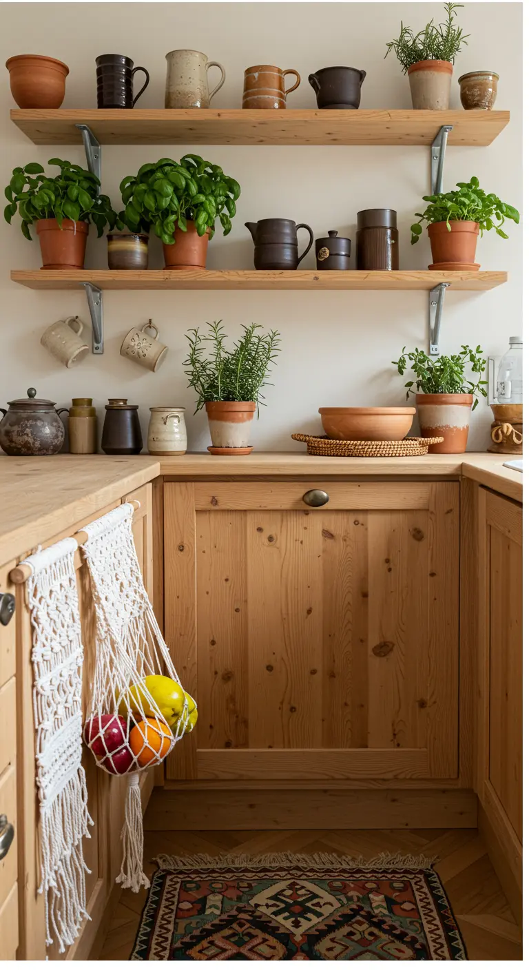 Bohemian kitchen with pine cabinets, open shelves with pottery, and a macrame fruit hammock.