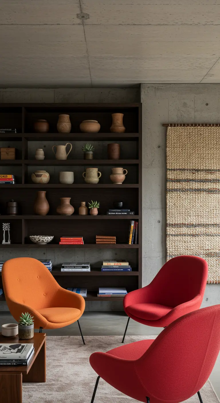 Dark wood shelves styled with pottery, with colorful mid-century modern chairs in front.