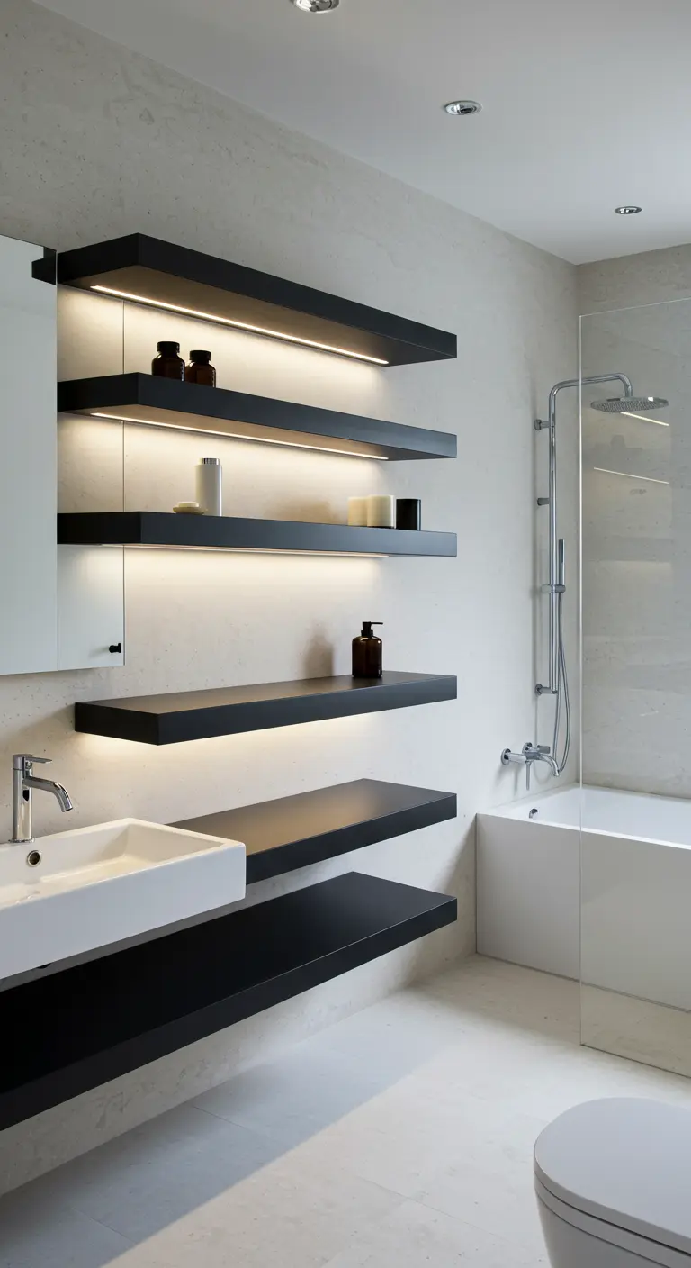 Backlit black floating shelves installed on a light-colored bathroom wall next to a tub.