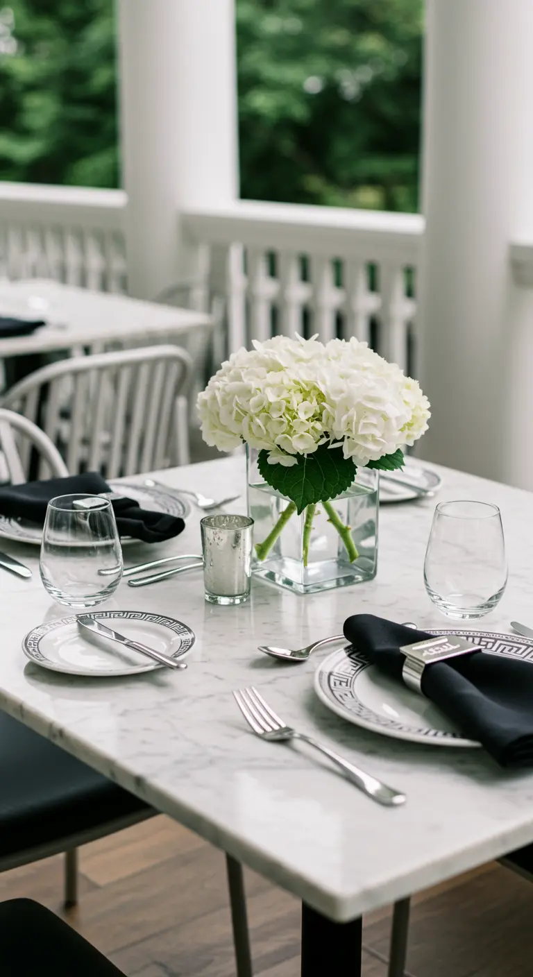 A clean, modern table setting on a marble top with white hydrangeas.