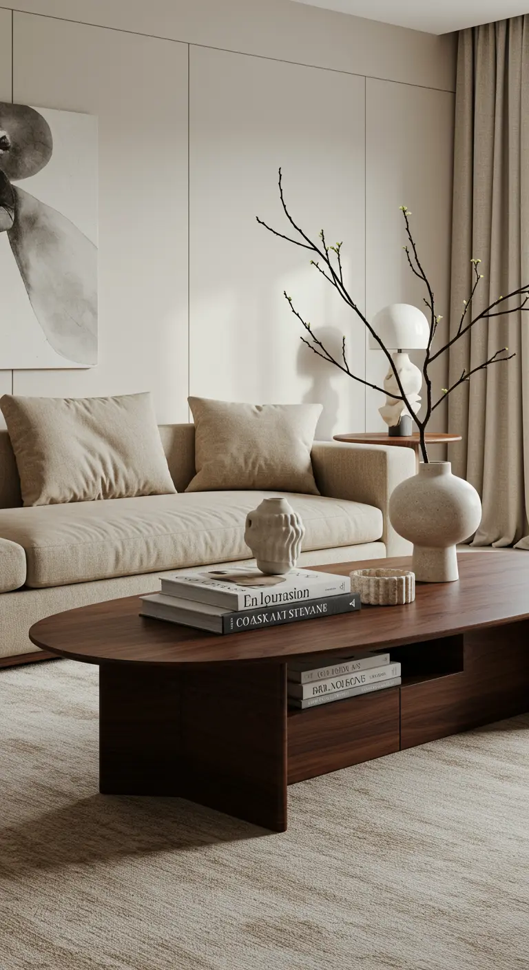 A close-up of a dark wood coffee table styled with books and sculptural ceramic vases.