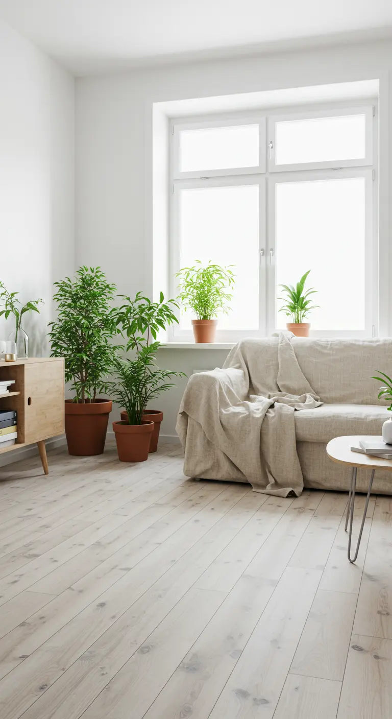 Minimalist white room with light wood floors, a linen-draped sofa, and a cluster of potted plants.