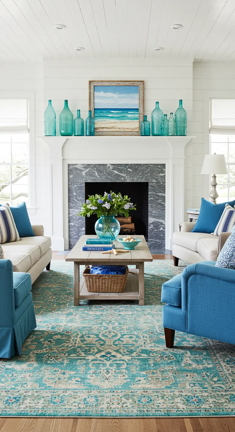 Fireplace mantel with a collection of antique-style aqua glass bottles and a beach painting.