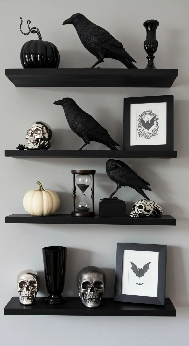 Black floating shelves styled with crows, skulls, and pumpkins in a black, white, and silver theme.
