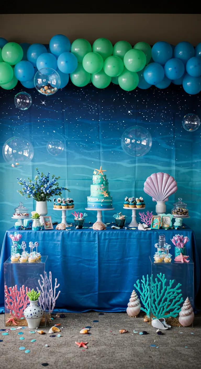 An under-the-sea party with a starry sky backdrop and coral and shell decorations.