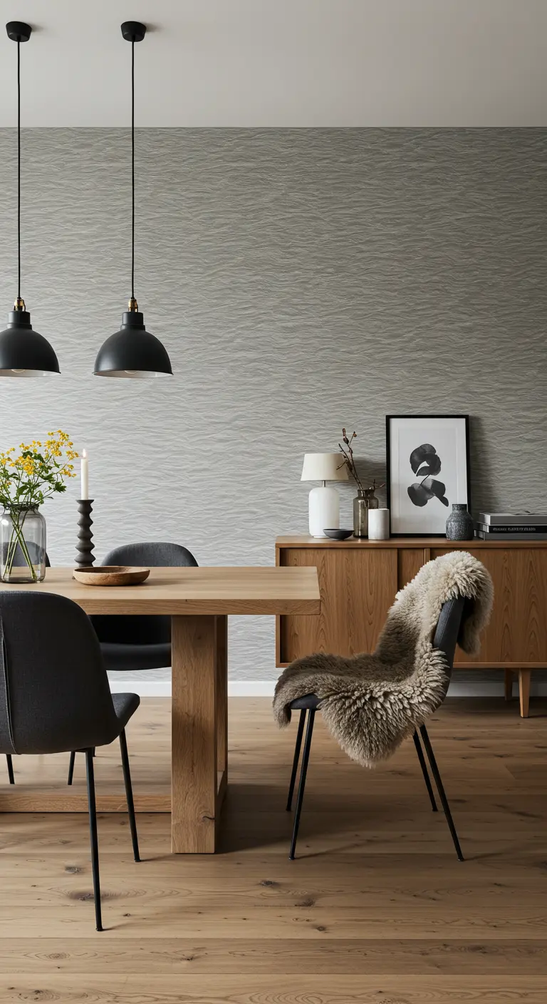 Oak dining table with dark chairs, one with a sheepskin throw, against a textured grey wallpaper and two dark pendant lights.