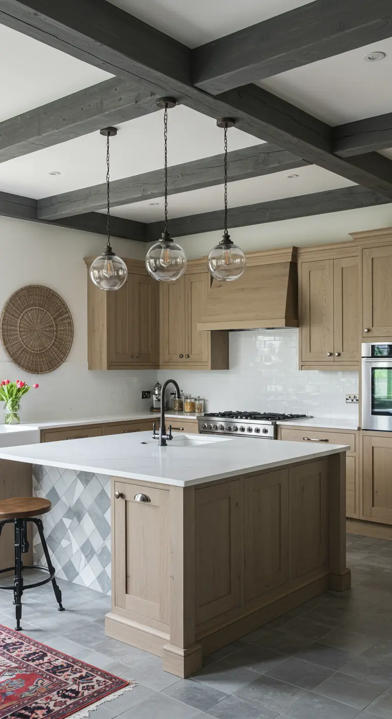 A modern rustic kitchen with light wood cabinets and a subtle gray geometric tile on the island.
