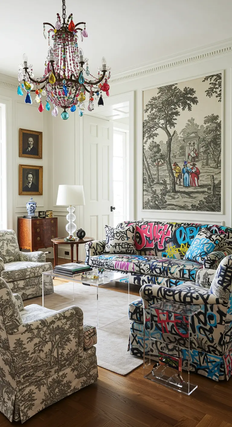 A formal living room where the classic sofa and chairs are upholstered in a colorful graffiti print.