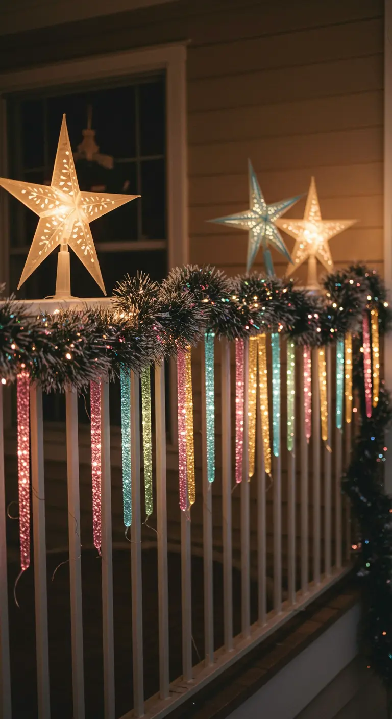 A white railing with a flocked garland and dripping icicle lights in rainbow pastel colors.