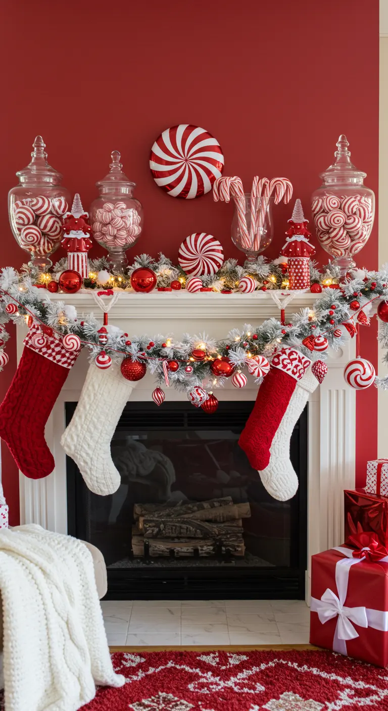 A Christmas mantel decorated like a candy store with apothecary jars and peppermint decor.