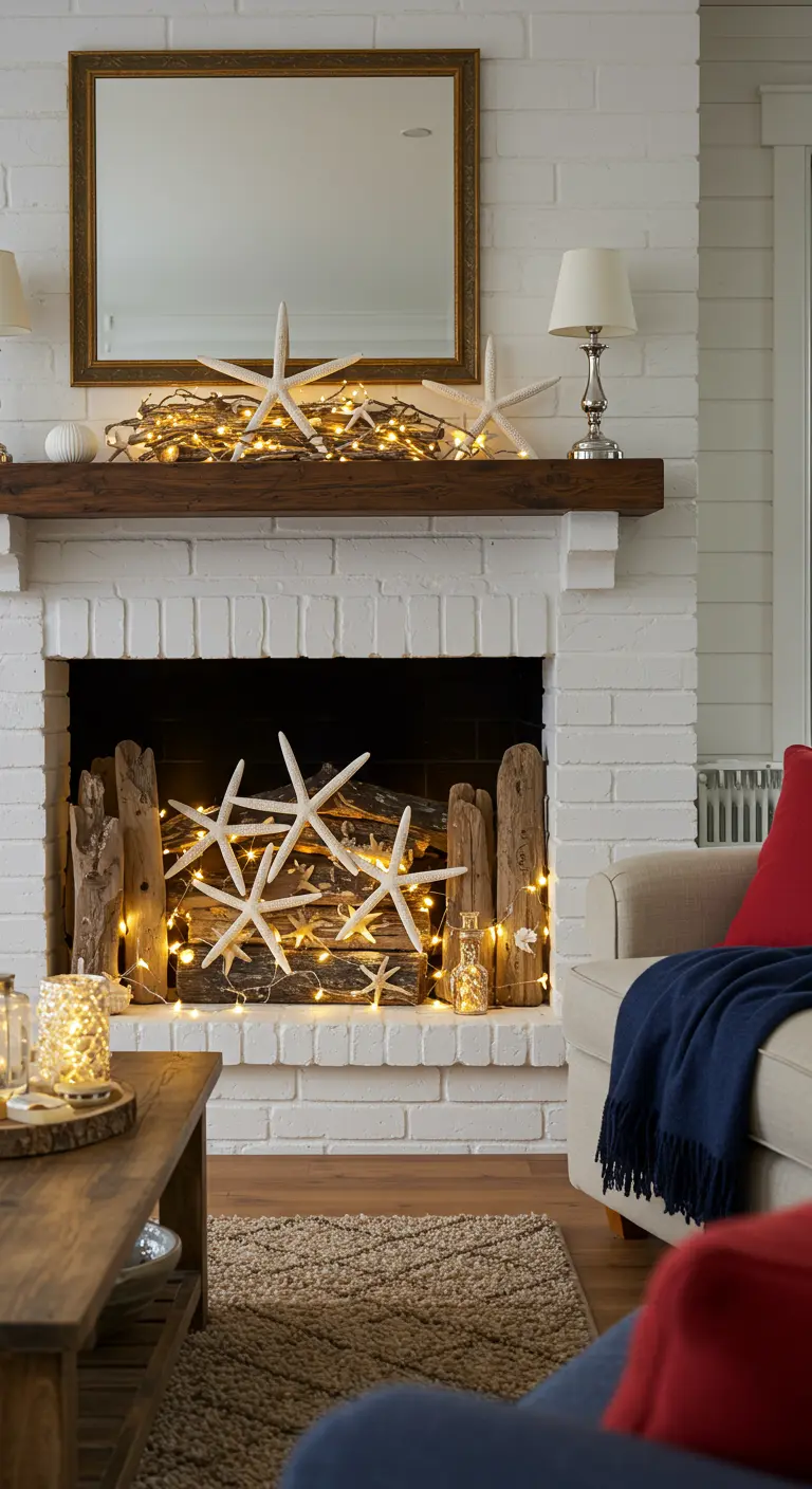 A white brick fireplace filled with upright driftwood, large starfish, and glowing fairy lights.