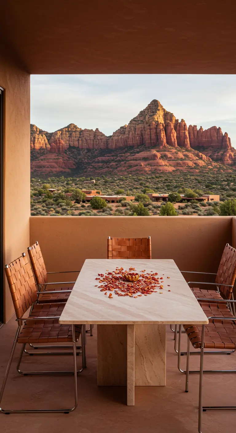 A travertine marble table on a desert balcony with woven leather chairs and a view of red rocks.