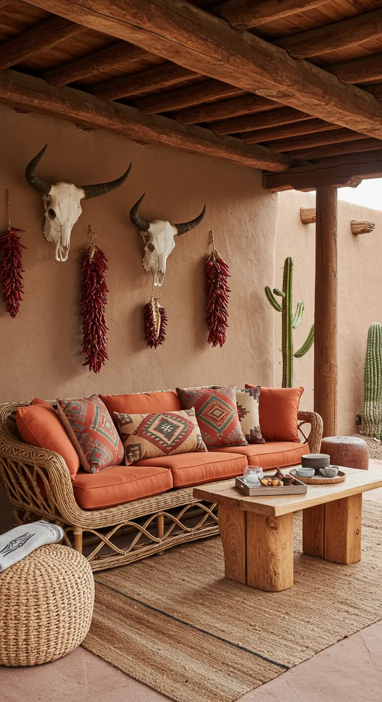 A rattan sofa with southwestern pillows under a porch with chili ristras and skulls.