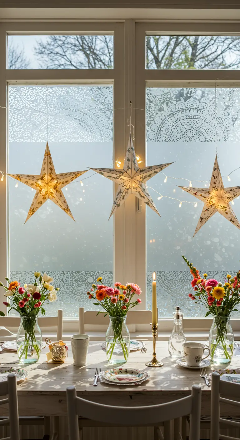 A sunlit dining table with patterned paper stars and fresh flowers in front of a frosted window.