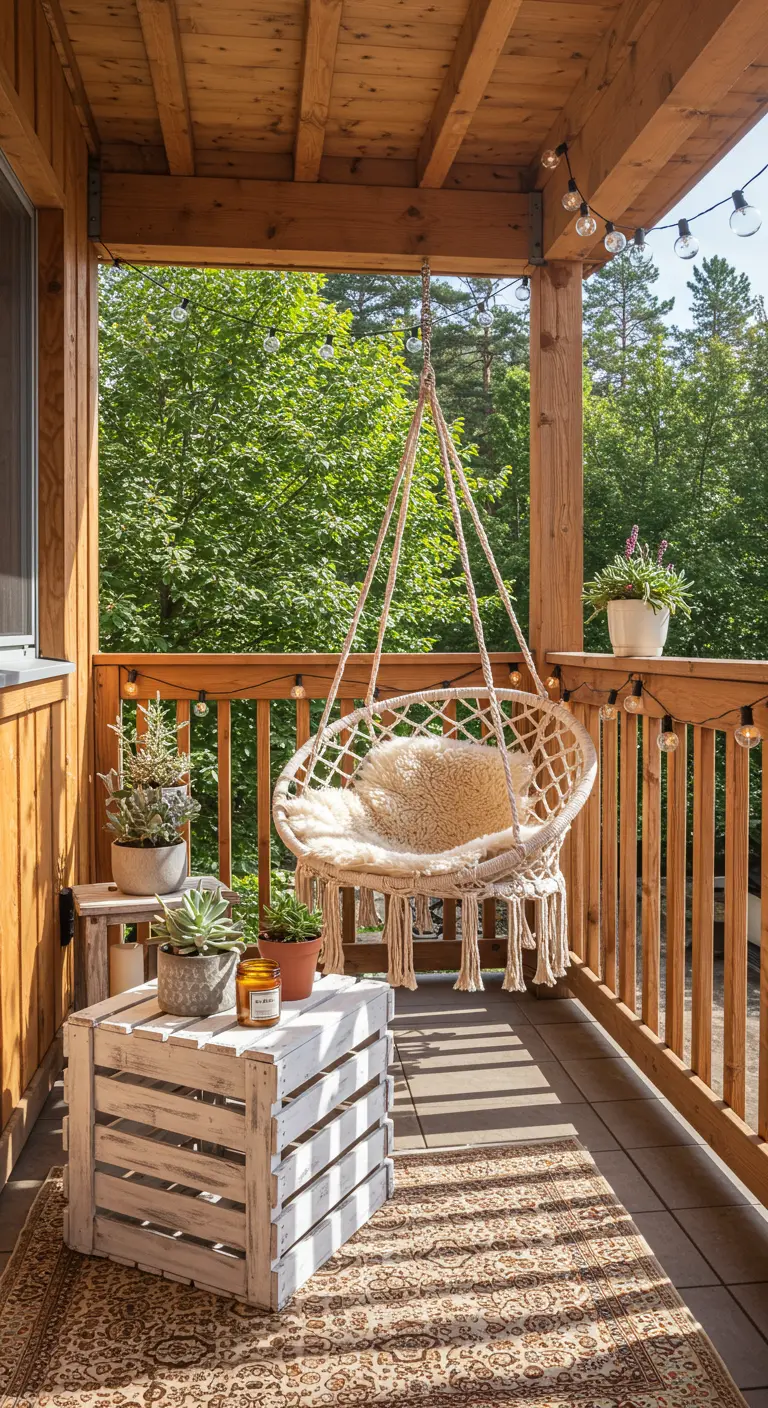 A macrame hanging chair with a fur throw on a sunny wooden balcony.