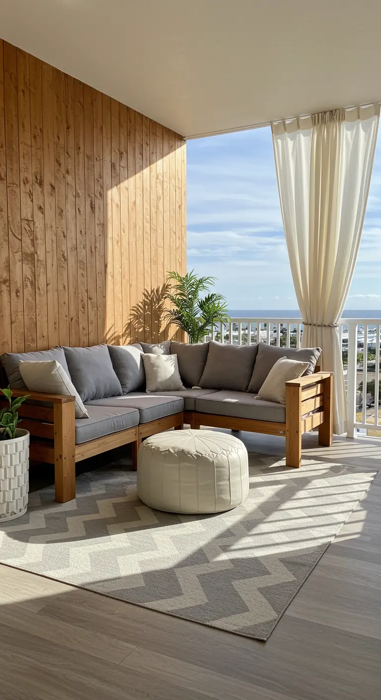 A sunny balcony with a wood slat wall, a gray sectional sofa, and a geometric rug.