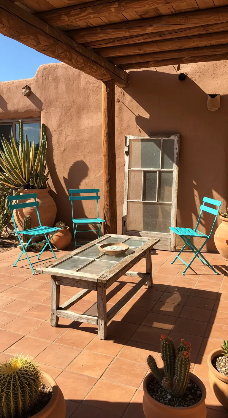 A reclaimed window coffee table surrounded by turquoise chairs on a sun-drenched terracotta patio.