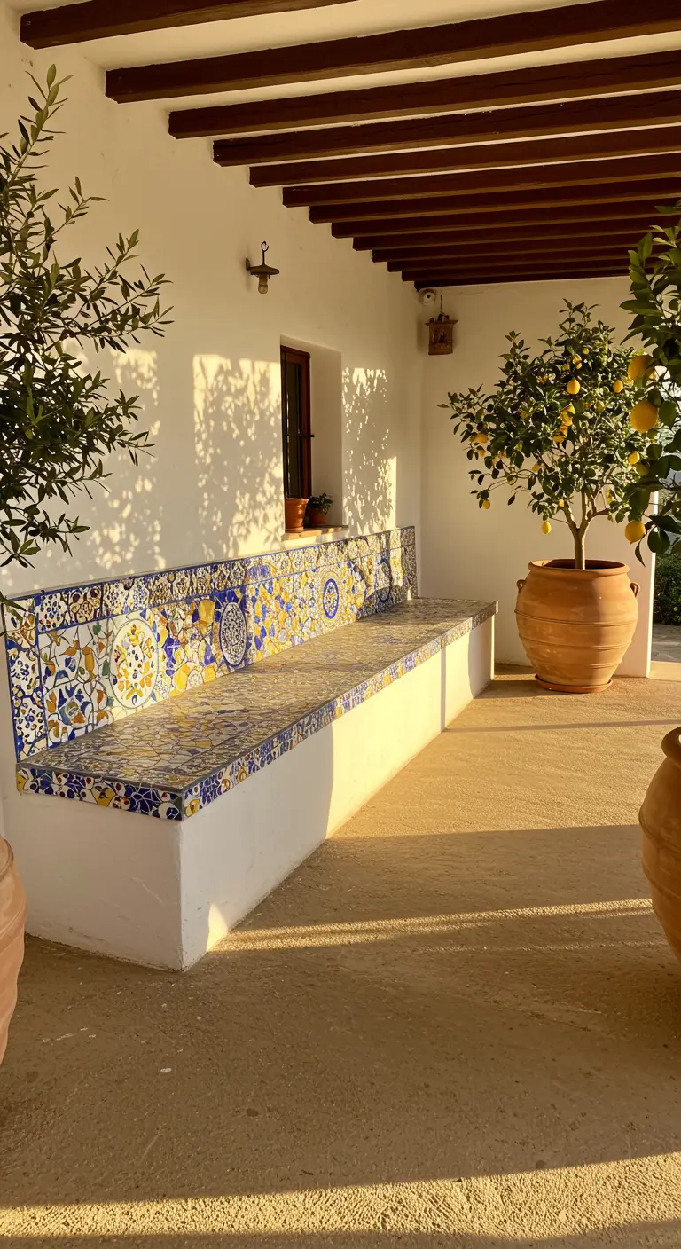 A long, built-in white bench with a colorful blue and yellow tile mosaic on a sunny Mediterranean patio.