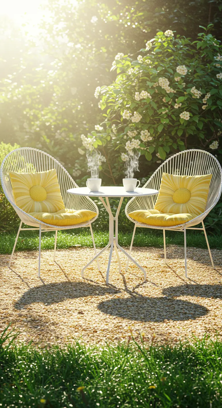 Two white wireframe chairs with yellow sunburst cushions at a bistro table in a sunny garden.