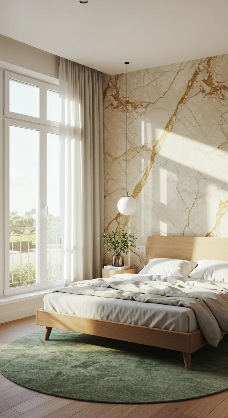 A sunlit bedroom with a beige and gold marble wall, a light wood bed, and a round green rug.