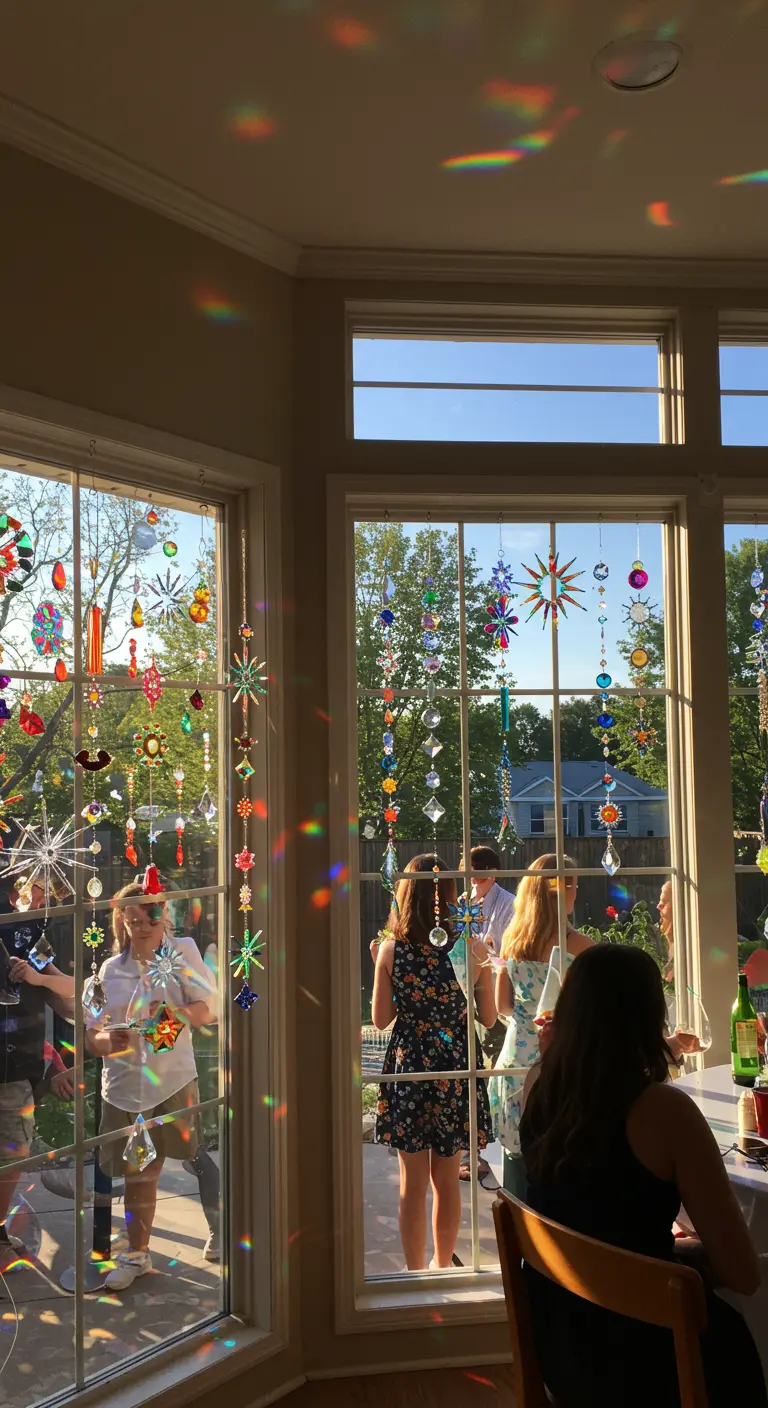 Colorful crystal suncatchers hanging in a bright window, casting rainbows into the room.