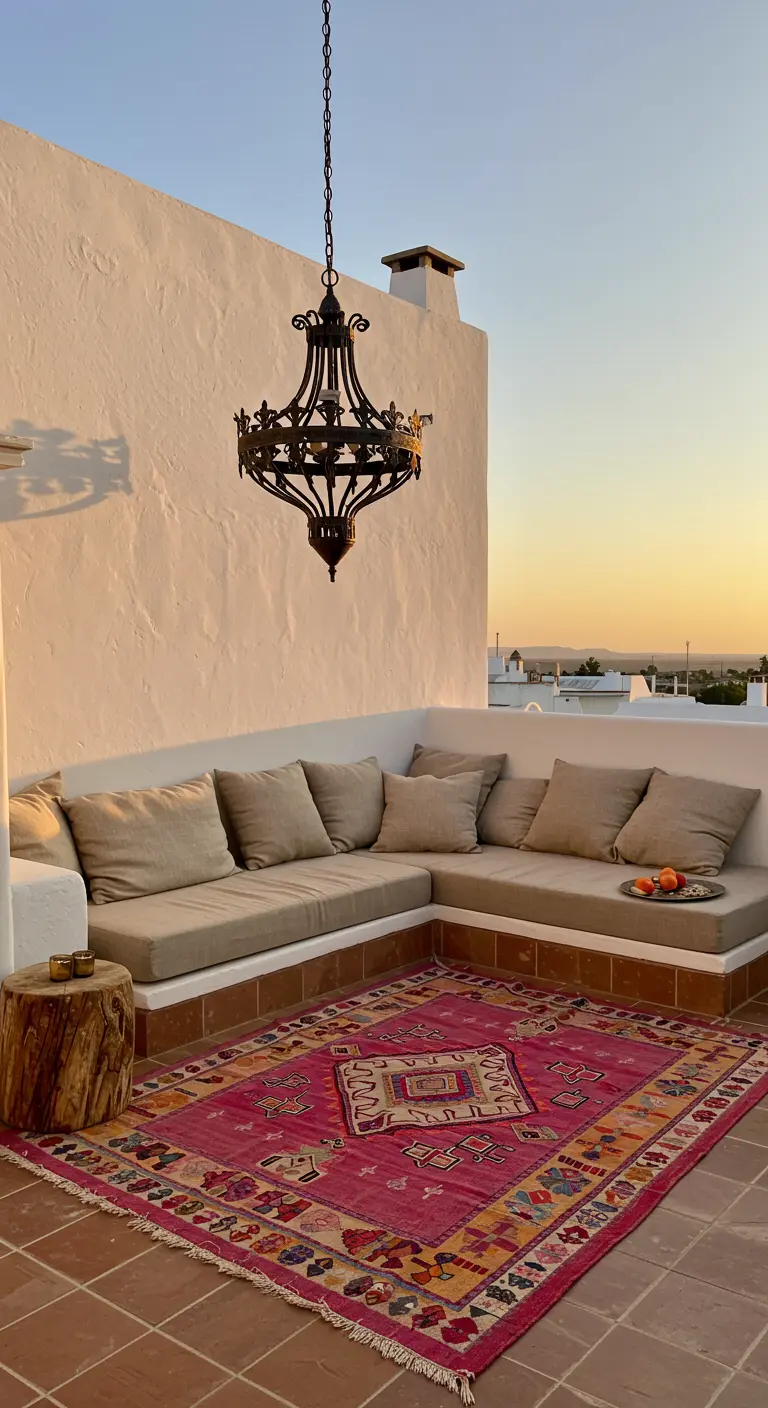 Rooftop corner with a beige sectional, a bright pink kilim rug, and a single hanging chandelier.