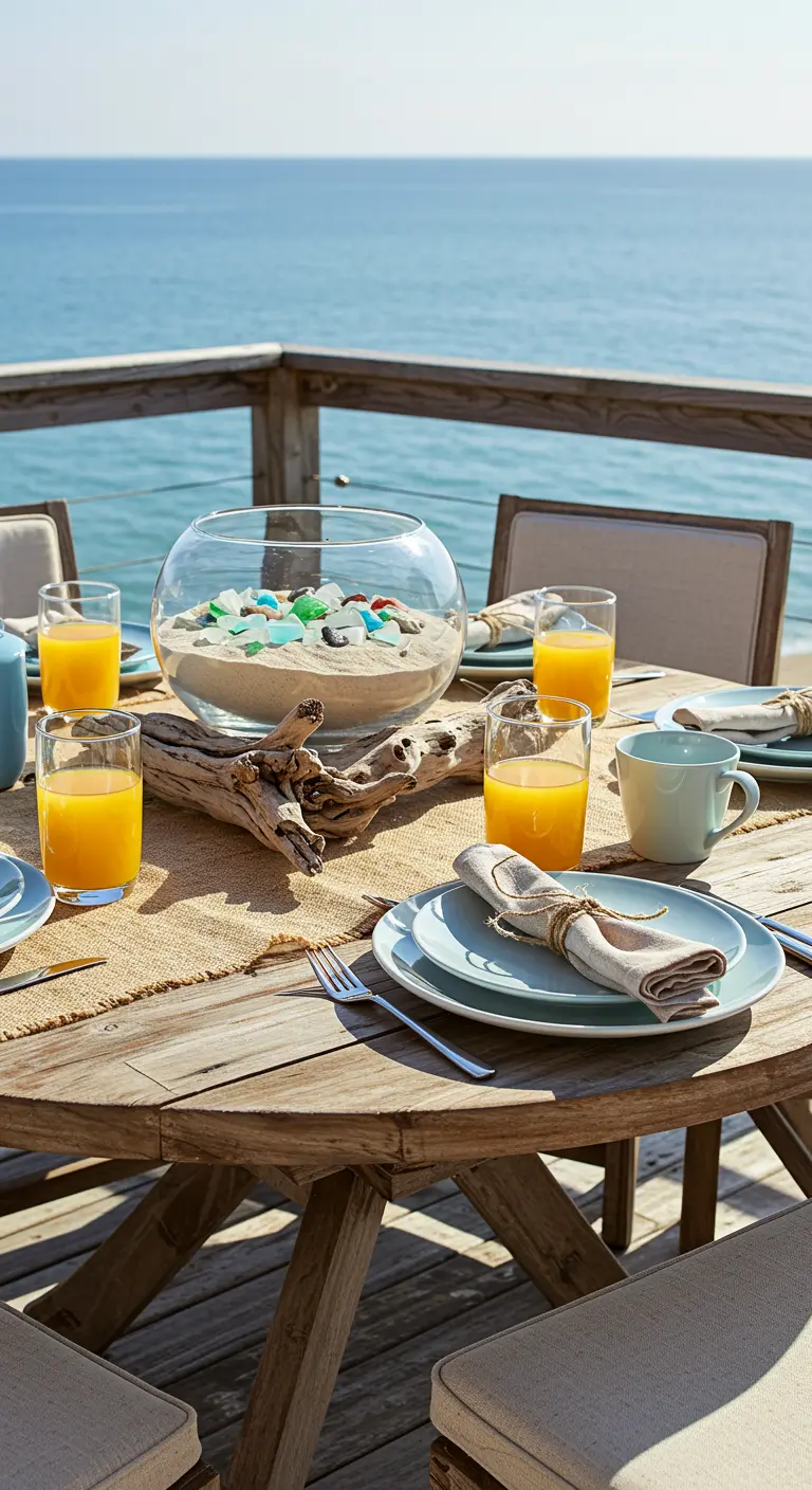 Deck table with driftwood centerpiece and sea glass in a bowl.