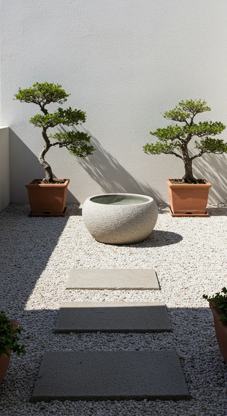 Bright Zen courtyard with white gravel, terracotta pots, and strong shadows from the sun.