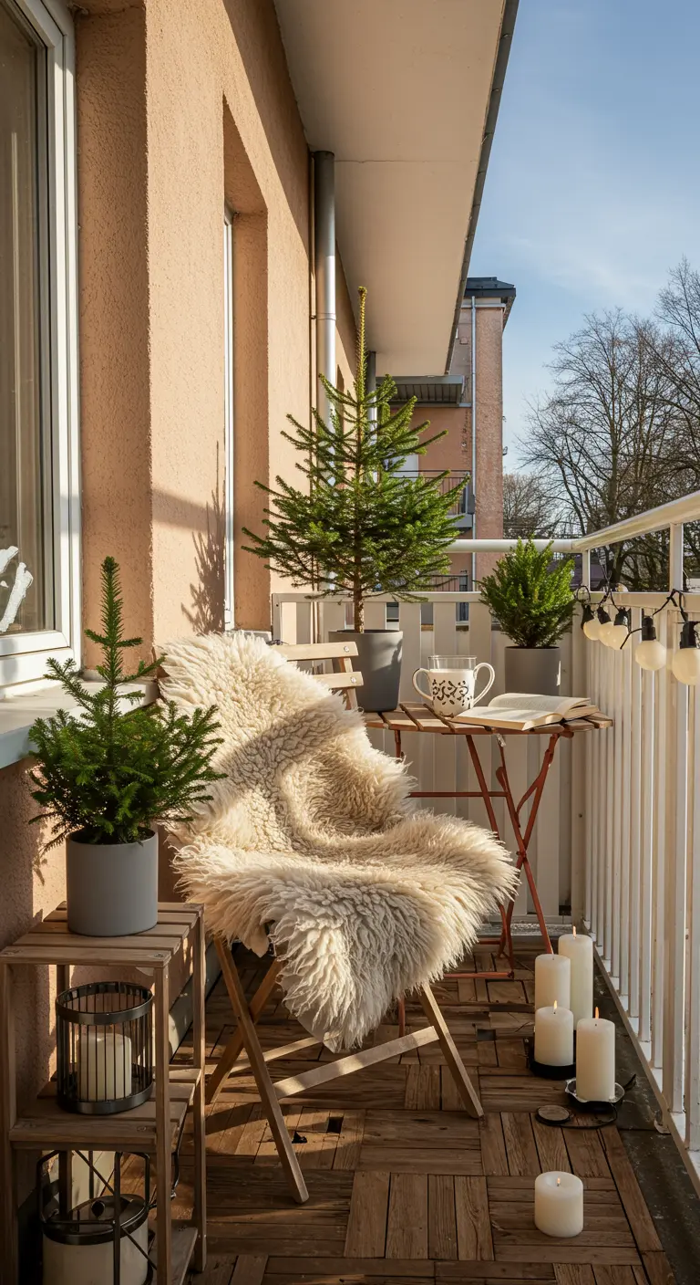 A sunny balcony with a wooden bistro chair covered in a large, fluffy white sheepskin throw.