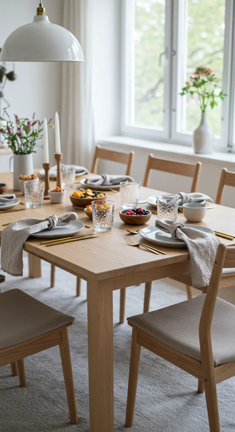 A light wood dining table with linen napkins, gold flatware, and small bowls of fruit.