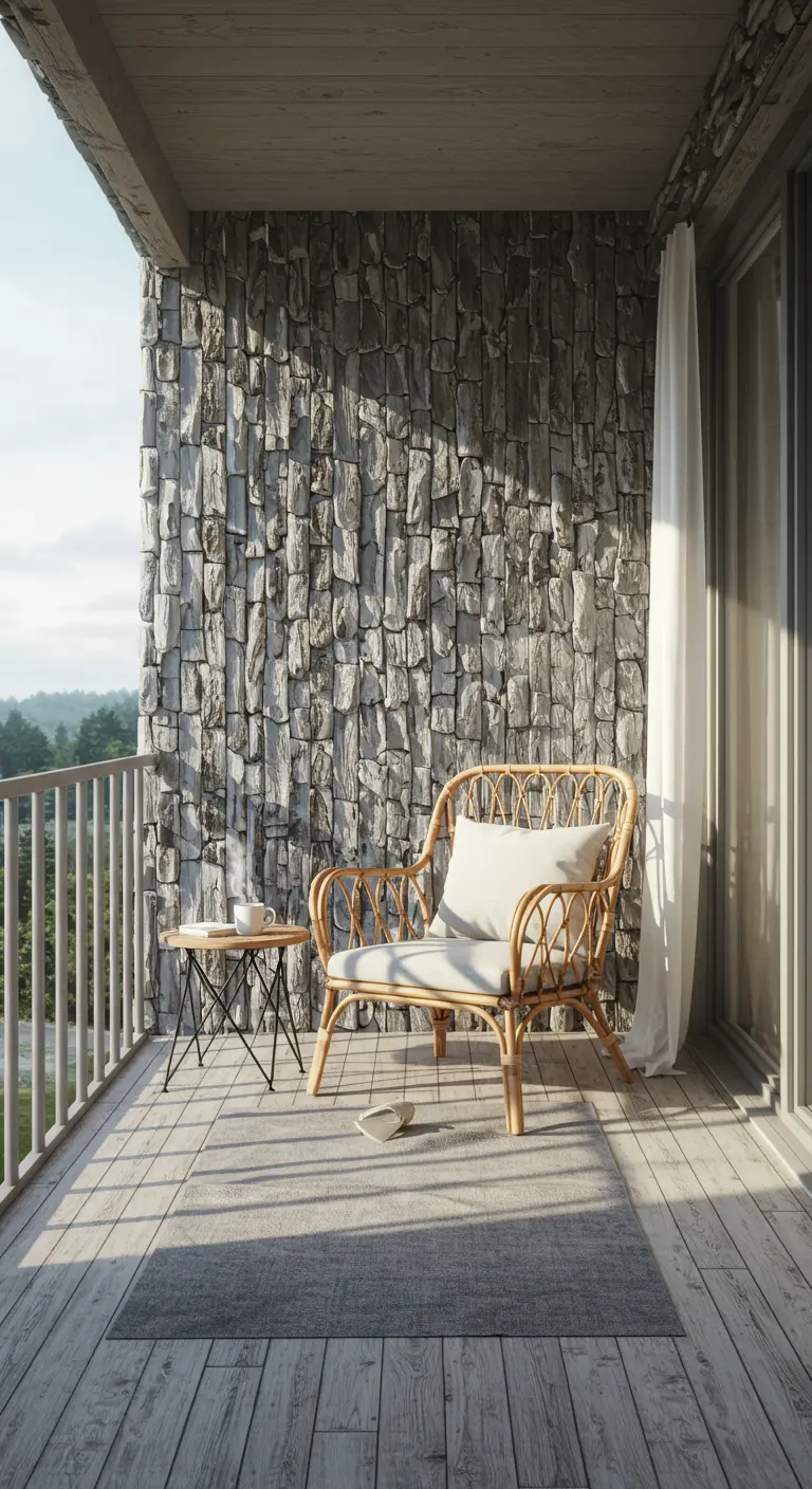 A sunny balcony with a gray stone wall, a comfortable rattan chair, and a small metal table.