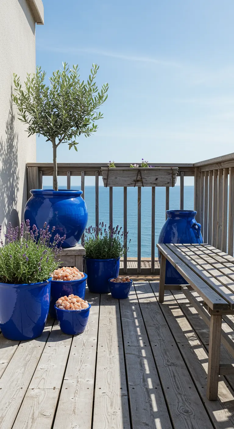 A weathered wood deck by the sea with glossy blue pots, some filled with seashells.