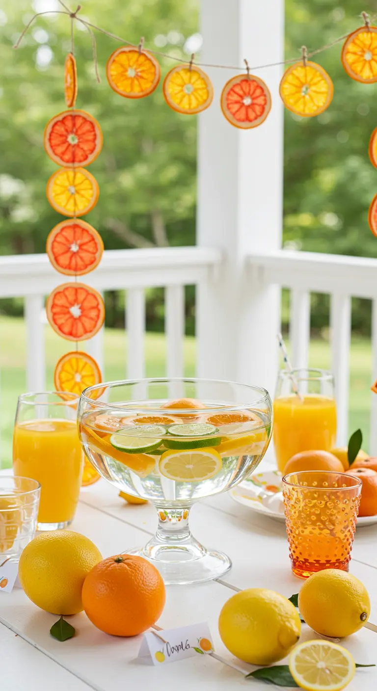 A garland made of dried citrus slices hanging on a porch railing near a punch bowl.