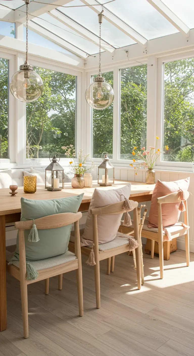 A bright sunroom dining area with pastel tassel pillows and lanterns on the table.