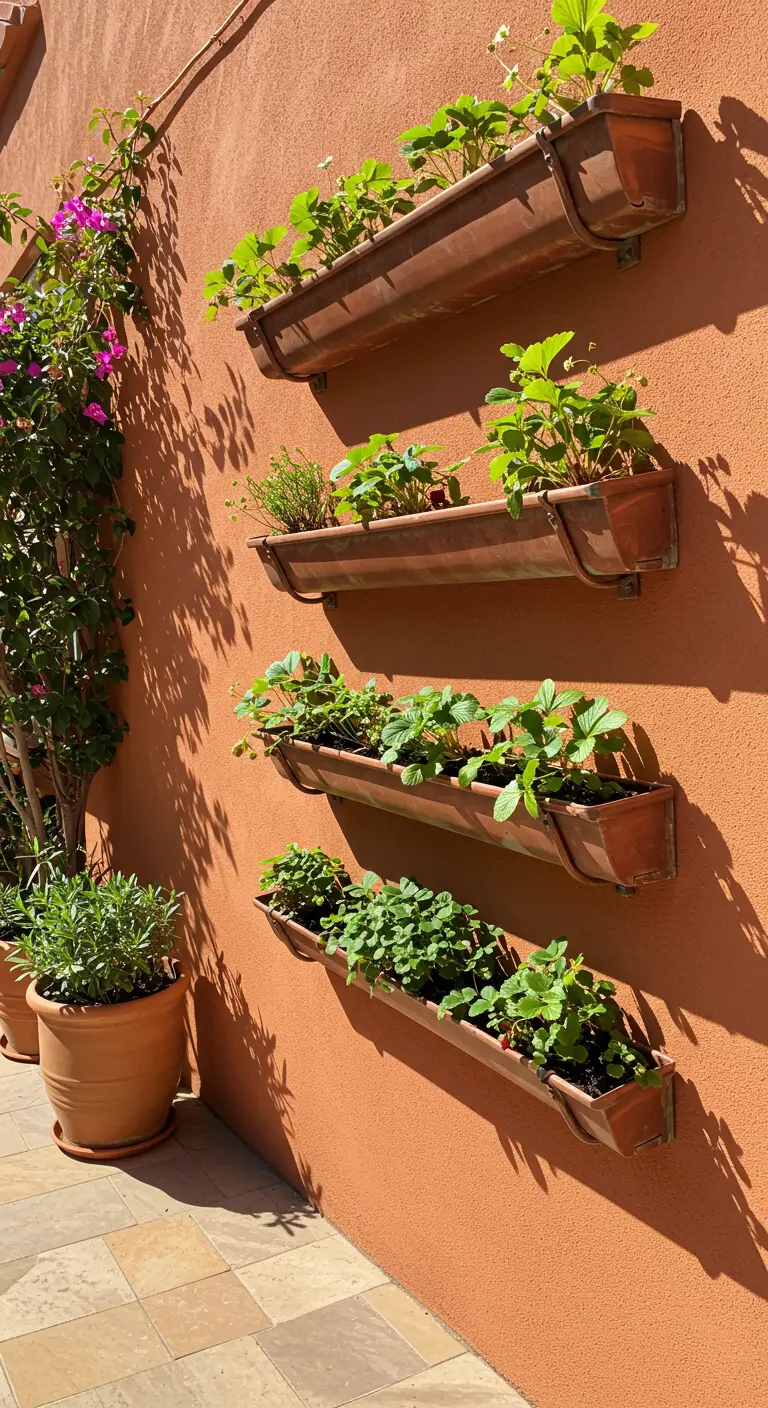 Copper vertical planters on an orange wall with strawberries and herbs