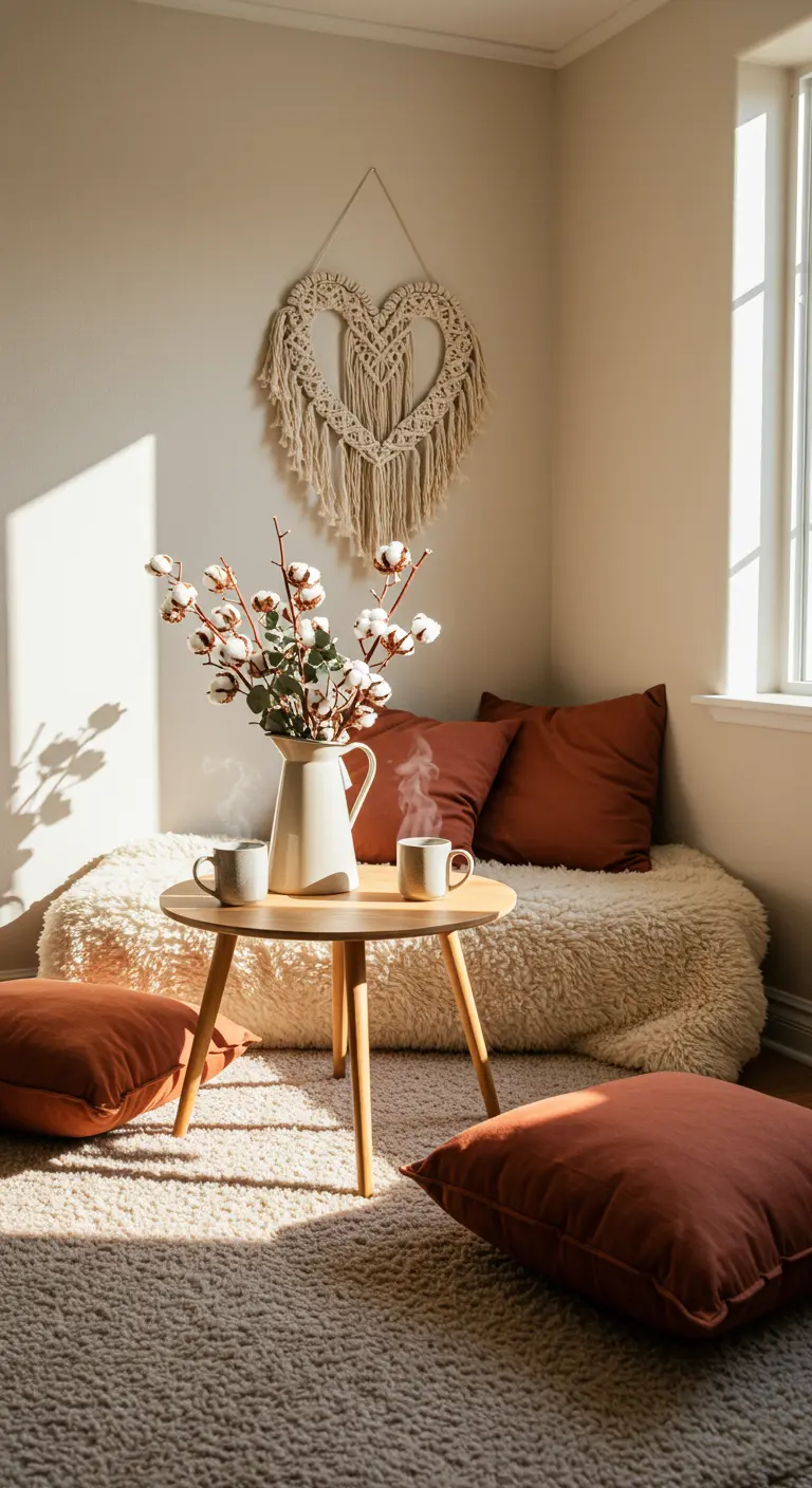 A sunlit corner with a macramé heart on the wall, a pitcher of cotton stems, and rust-colored pillows.