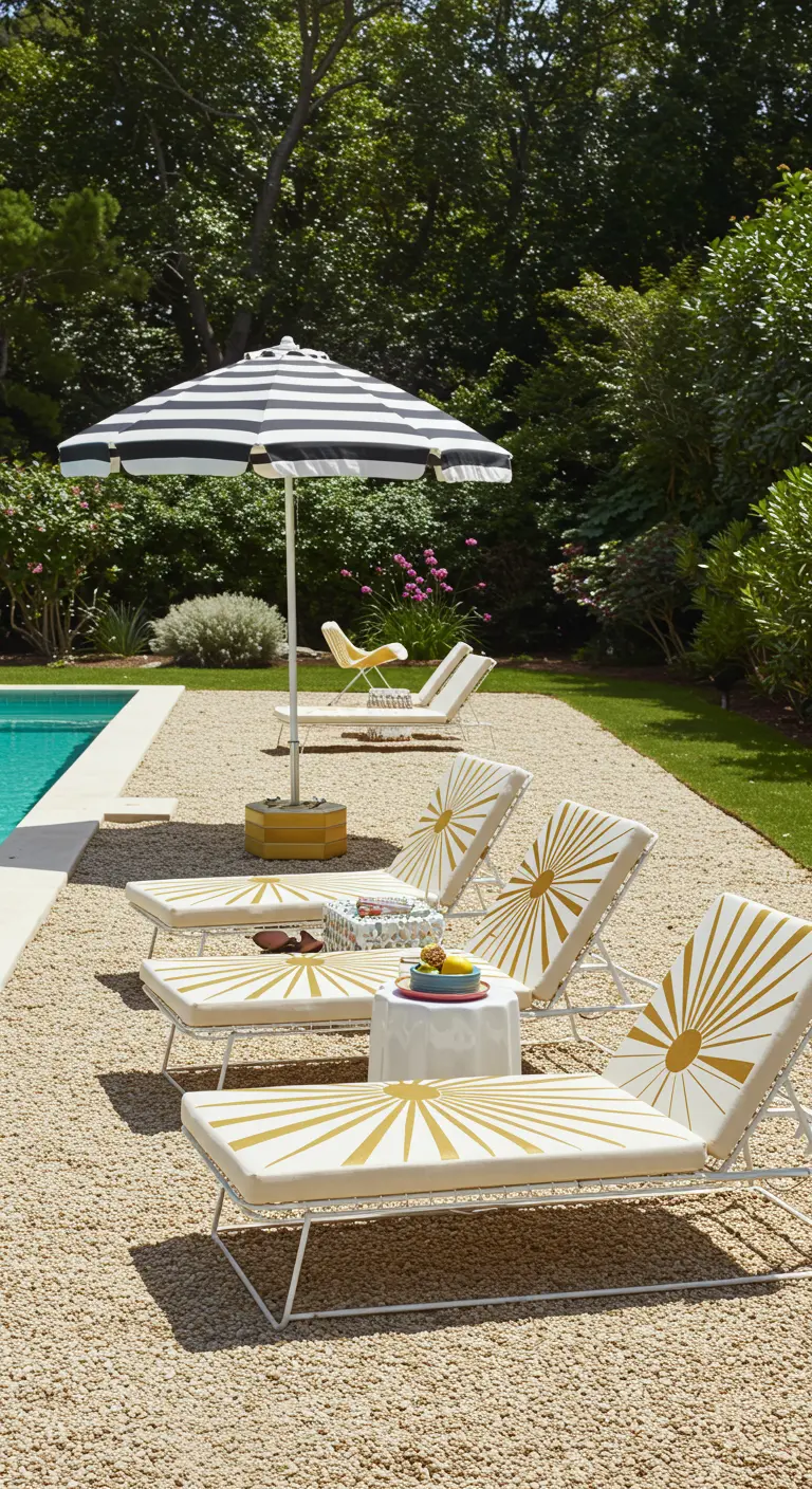 White wireframe lounge chairs with yellow and white sunburst cushions by a pool with a striped umbrella.