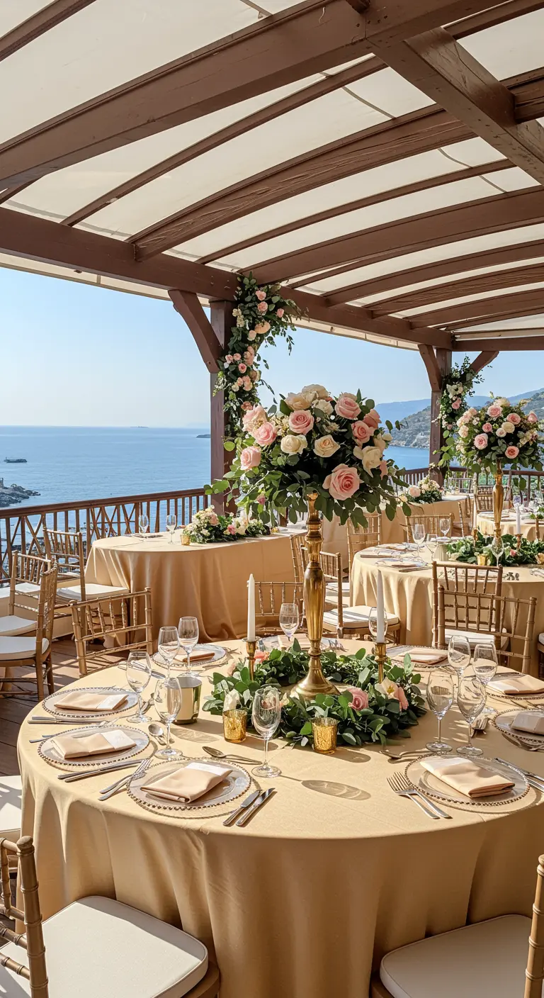 Elegant round tables on a terrace overlooking the sea, with gold tablecloths and pink roses.