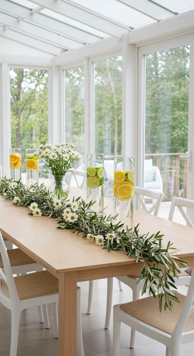 A light wood table in a sunroom with an olive branch garland and vases of sliced citrus.