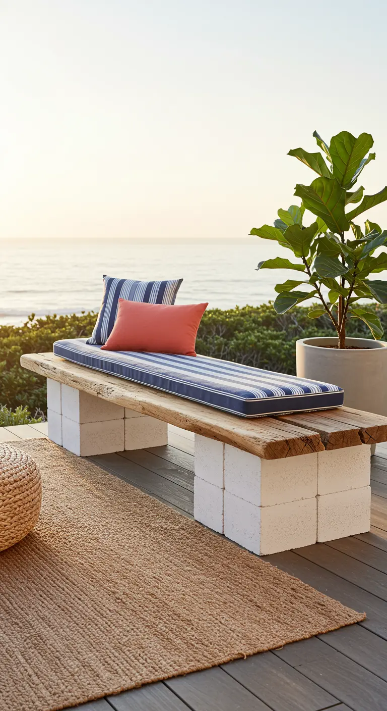 Cinder block bench with striped cushion and jute rug on a deck overlooking the ocean at sunset.