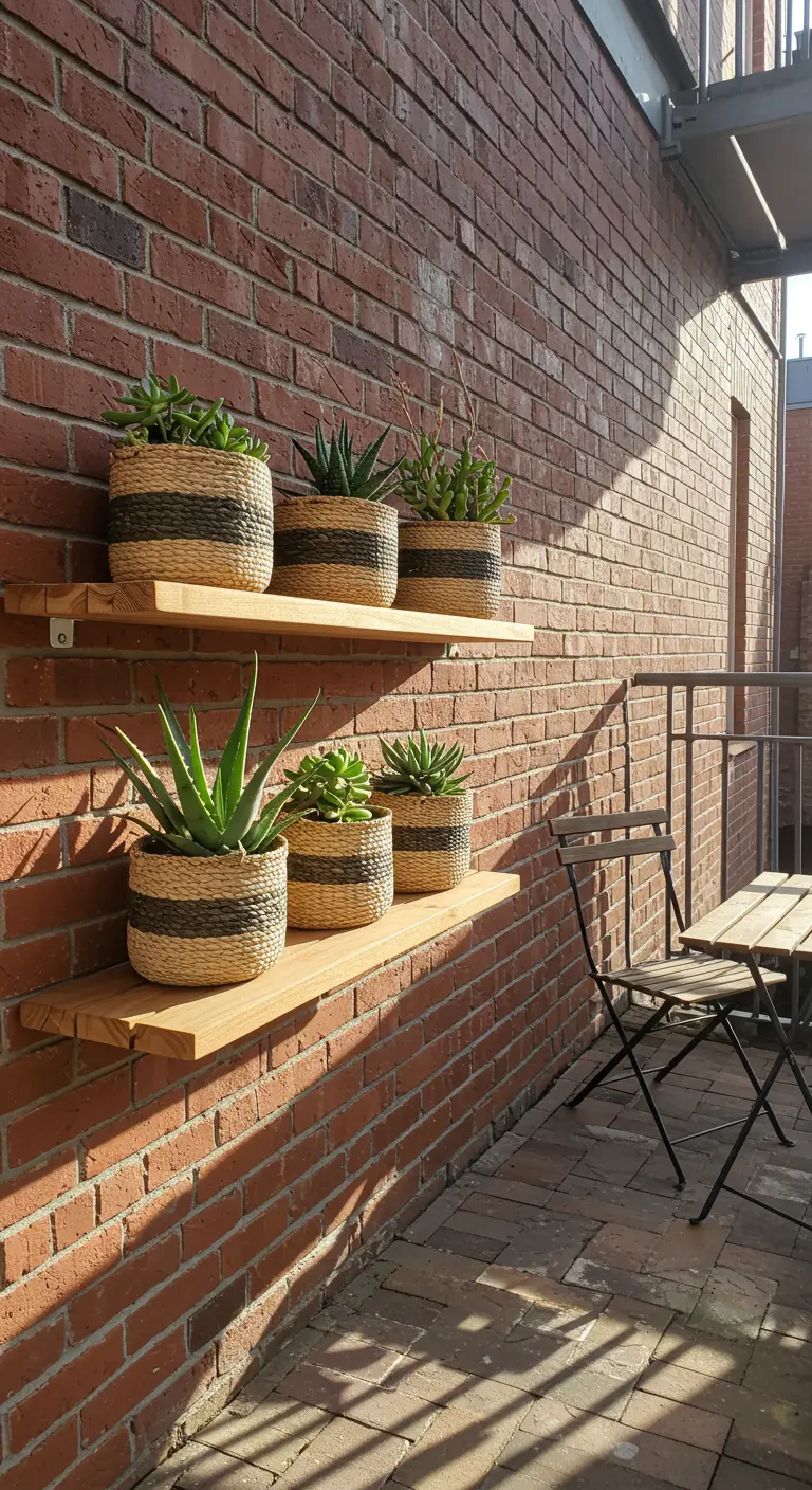 Two teak shelves on a red brick wall, holding succulents in striped woven baskets.